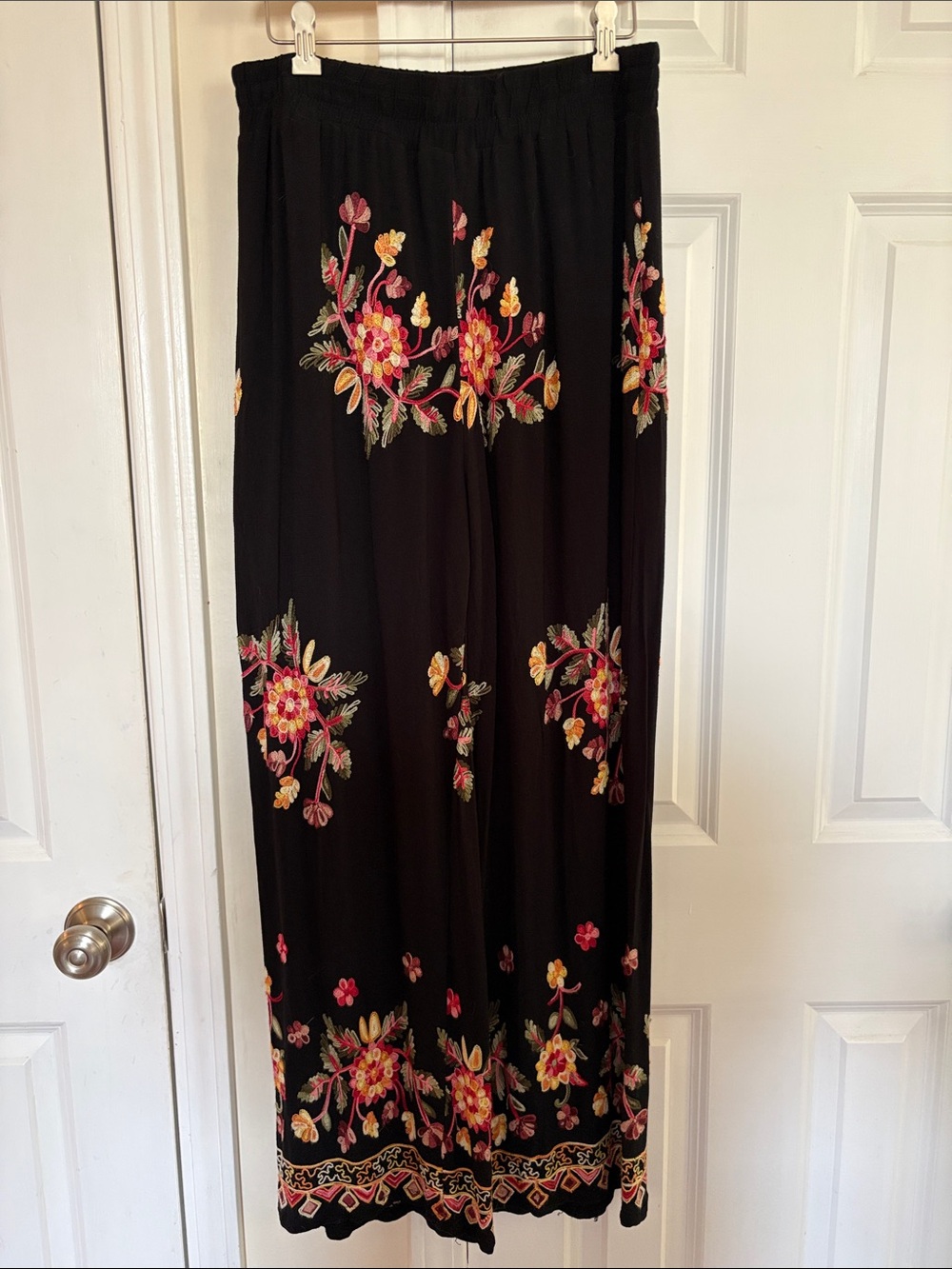 Black Embroidered Floral Wide-Leg Trousers.
